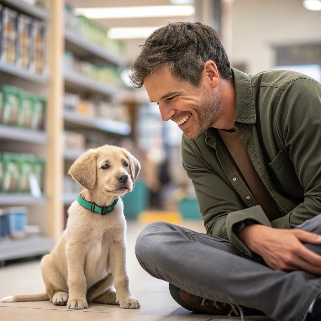 Man with his puppy at the store