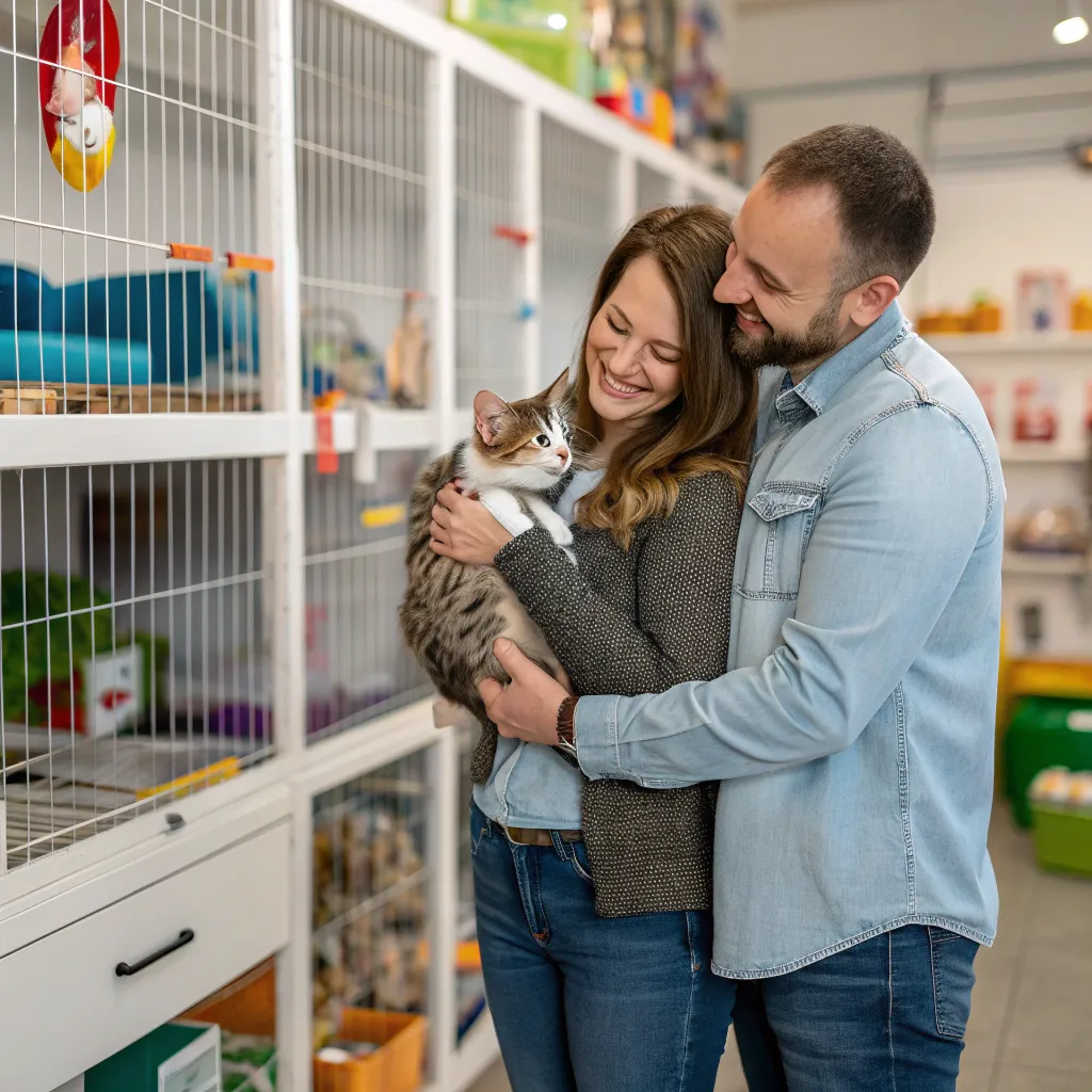 Couple with their cat at the pet shop